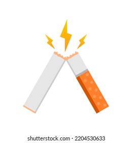 Broken cigarette tobacco stop quit smoking with yellow thunderbolt on white background flat vector icon design.