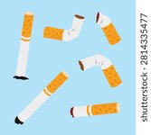 Broken cigarettes and butts falling scattered floating on blue background.