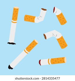 Broken cigarettes and butts falling scattered floating on blue background.