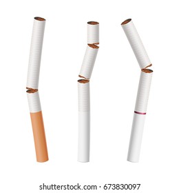 Broken Cigarettes Set Vector. Smoking Kills. Medical Healthcare Quit Smoking Concept. Classic Traditional Filter. Realistic Illustration. Isolated