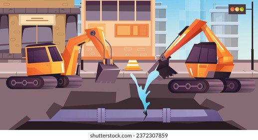 Broken city water pipe pipeline burst break plumbing concept. Vector flat graphic design illustration
