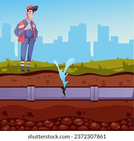 Broken city water pipe pipeline burst break plumbing concept. Vector flat graphic design illustration
