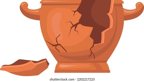 Broken clay pot. Damaged ceramics cartoon icon isolated on white background