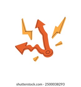 Broken clock hands, abstract clockwises. Hour and minute needles on clockwork. Time pointers, arrows pointing at late. Concept of deadline. Flat isolated vector illustration on white background