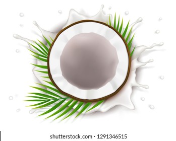 Broken coconut in milk splash and drops realistic vector, half coco nut with green palm leaves, isolated on white background, top view. Design element for food packaging, natural organic cosmetics.