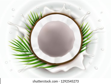 Broken coconut in milk splash and drops realistic vector, half coco nut with green palm leaves, on white wavy background, top view. Design element for food packaging, natural organic cosmetics.