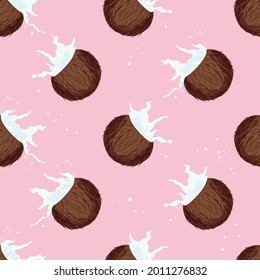 Broken coconut with coconut water, or milk seamless pattern. Fruity, tropical background. Vector illustration.