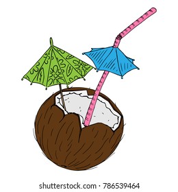 Broken Coconut.Chopped Hairy Nut.  Cocktail Umbrella On A Stick With A Pattern Of Flowers.Vector Illustration.Plastic Bent Striped Cocktail Tube With Umbrella. Cocktail In A Coconut With Coconut Milk.