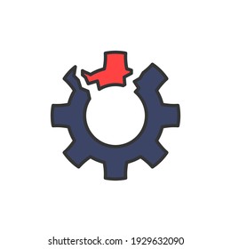 broken cog icon, color, line, outline vector sign, linear style pictogram isolated on white. Symbol, logo illustration