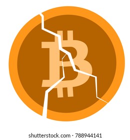 Broken coin with a bitcoin sign on a white background