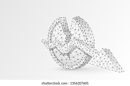 Broken Coin symbol with downtrend arrow. Origami 3d illustration. Polygonal Vector business, money, unstable finance, broken circle concept. Low poly wireframe, triangle, lines, dots, polygons