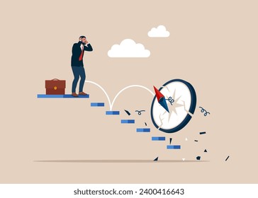 Broken compass. Depressed human near crushed compass. After lost in career, can't find my way in business, burnout or no inspiration. Financial indicator, inflation, recession or growth. 