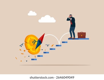 Broken compass with dollar coin. Depressed businessman near crushed compass. Burnout or no inspiration. Financial indicator, inflation, recession or growth. Flat vector illustration