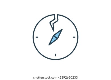 broken compass icon. confusion in navigation or decision-making. flat line icon style. simple vector design editable
