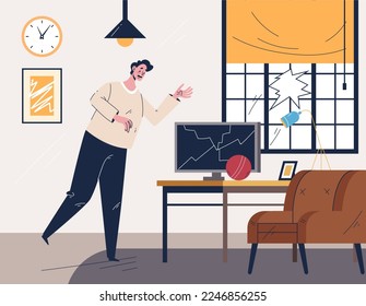Broken computer by accident at home. Vector graphic design illustration