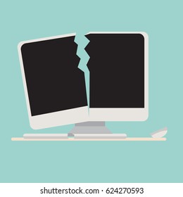 Broken computer with keyboard and mouse vector.Crashed computer flat cartoon style