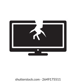 Broken computer monitor icon with a cracked screen symbolizing a system error hardware failure or the need for electronic device repair service vector solid glyph