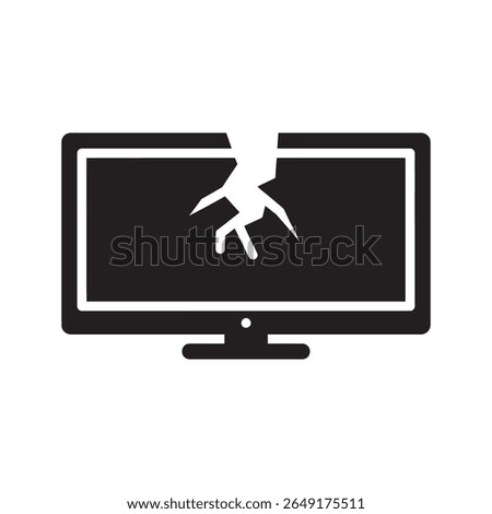 Broken computer monitor icon with a cracked screen symbolizing a system error hardware failure or the need for electronic device repair service vector solid glyph