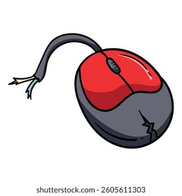 Broken computer mouse. Recycling of household appliances. Vector hand drawn illustration isolated on white background. Image for print, icon, banner, flyer
