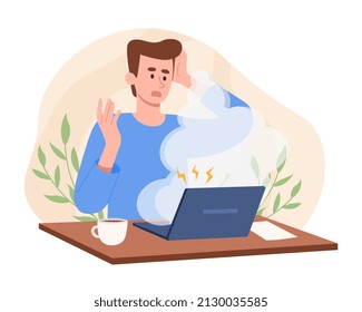 Broken computer with smoke concept. Employee experiencing problems in office. Young man sitting at his workplace worried about damaged laptop. Virus or bug. Cartoon modern flat vector illustration