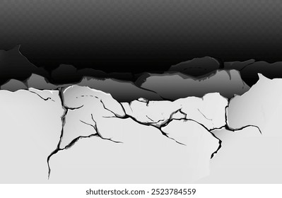 Borda quebrada da parede de concreto com três camadas de bordas irregulares no fundo transparente. Ilustração vetorial realista ou textura de pedra danificada com fissuras. Fratura de terra com rachaduras.