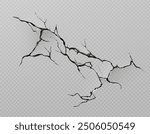 Broken concrete wall or cracked ground texture effect on transparent background. Fissure split hole in drought distressed surface. Realistic 3d vector destruction fracture in cement or paint floor.