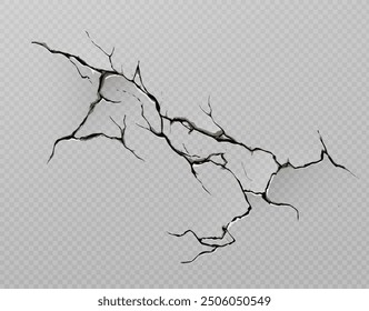 Muro de hormigón roto o efecto de textura de suelo agrietado sobre fondo transparente. Fisura de agujero partido en la superficie afectada por la sequía. Fractura realista de la destrucción del Vector 3D en piso del cemento o de la pintura.