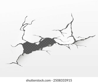 Muro de hormigón roto o efecto de textura de suelo agrietado sobre fondo transparente. Fisura de agujero partido en la superficie afectada por la sequía. Fractura realista de la destrucción del Vector 3D en piso del cemento o de la pintura.