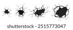 Broken concrete wall or ground. Realistic 3d vector set of cracks and holes various size in break stone surface. Old or damaged by earthquake texture. Destruction effect with fissure and fracture.