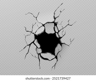 Parede de concreto quebrado com furo, efeito de rachadura no fundo transparente. Quadro de destruição de terremoto 3d com design de textura de dano. Conceito de arte de construção de cimento de ruína. Rochas batidas e esmagadas