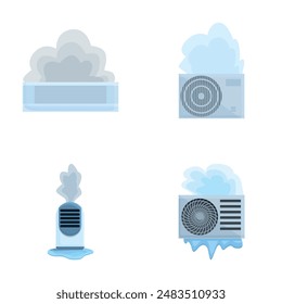 Broken conditioner icons set cartoon vector. Damaged air conditioner. Repair maintenance