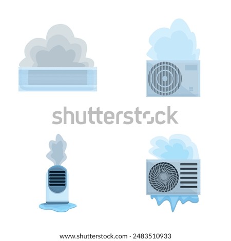 Broken conditioner icons set cartoon vector. Damaged air conditioner. Repair maintenance