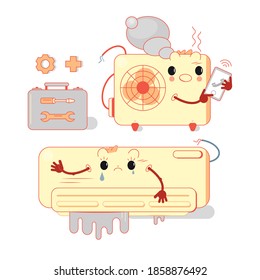 Broken conditioner. Installation or repair of air conditioner. Built-in split system. Vector illustration in flat style