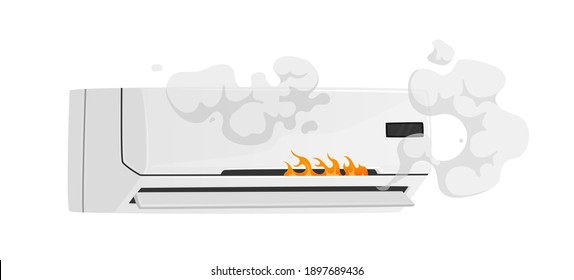 Broken Conditioner with Smoke and Fire Isolated on White Background. Destroyed Household Appliances, Damaged Technics, Design Element for Repair Service, Old Scrap Thing. Cartoon Vector Illustration