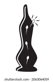 
Broken condom or condom symbol with leaking sperm. Broken male condom with sperm