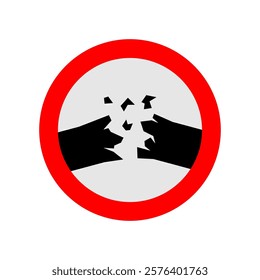 Broken construction object warning sign. Black silhouette of plank, log, rod, bar or tube ends with small flying parts in a wide red circle frame. Danger round symbol.