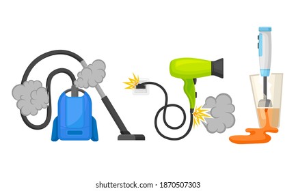 Broken Consumer Electronics with Burnt Vacuum Cleaner and Hair Dryer Vector Set