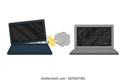 Zerbrochene Unterhaltungselektronik mit gebrochenem und gebranntem Notebook-Vektorset