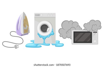 Electrónica de consumo rota con conjunto de vectores de microondas y lavadora