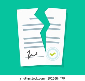 Broken contract vector or breach of agreement flat cartoon icon, idea of expired legal signed document, deal termination, cancelation or end of partnership concept, torn paper file 