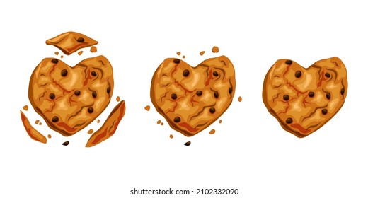 Broken Cookies With Chocolate Chips. Cookie Heart. Fresh Baking Animation. Vector Cartoon Illustration.