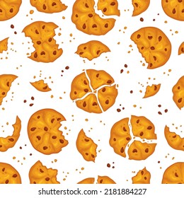 Broken cookies seamless pattern. Homemade shortbread cakes, sweet biscuits with chocolate chips, crumbled snacks, isolated elements. Decor textile, wrapping paper, recent vector background