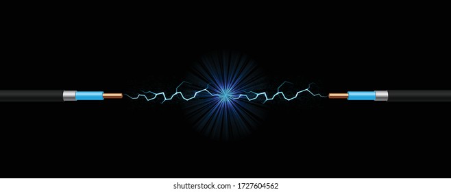 Broken copper cable with explosion and blue lightnings