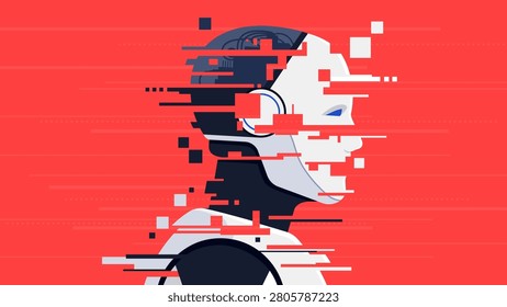 Broken corrupted image of a humanoid AI robot: model collapse, AI slop and corruption concept