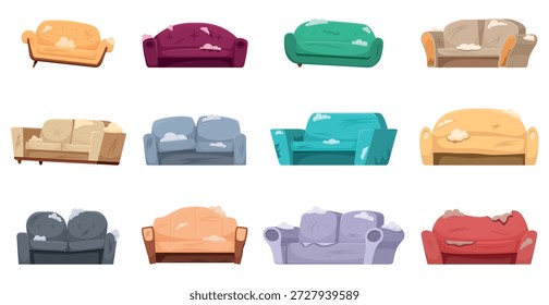 Sofás rotos. Sofá brillante aislado, sofá suave para el apartamento o el hogar. Elementos interiores desordenados, sofás rotos y rotos. Sapid Clipart de Vector