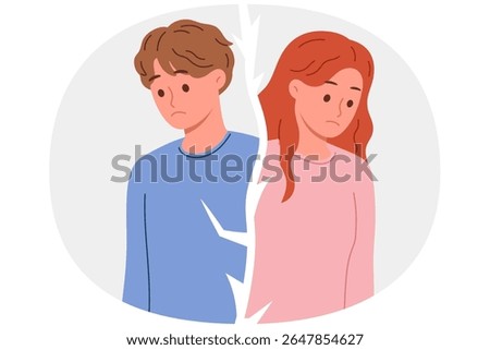 Broken couple of man and woman cannot be together due to mutual grievances or lack of money for wedding. Crack between couple of boyfriends and girlfriend appeared after betrayal or adultery