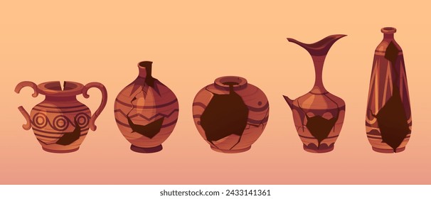 Broken and cracked ancient pottery products decorated with traditional greek patterns. Cartoon vector illustration set of museum artifact of crashed antique ceramic and terracotta handicraft tableware