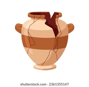 Broken cracked antique pot. Old ancient pottery, split clay, fractures. Ceramic vessel with clefts, fissures, breaches, holes. Damaged crockery. Flat vector illustration isolated on white background