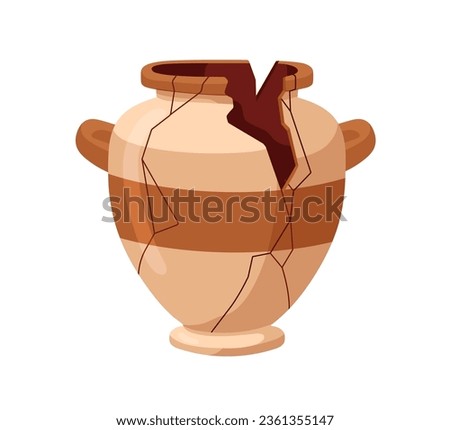 Broken cracked antique pot. Old ancient pottery, split clay, fractures. Ceramic vessel with clefts, fissures, breaches, holes. Damaged crockery. Flat vector illustration isolated on white background Stock photo © 