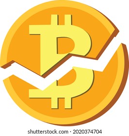 A broken or cracked broken Bitcoin split in two pieces on white background. cryptocurrency on cracked bitcoin concept. Isolated on white. Bitcoin crash concept. Bitcoin Going Down.